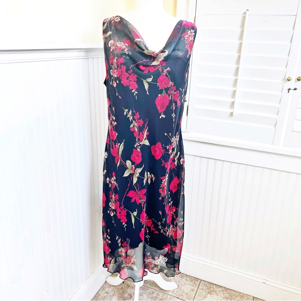 Believe Black & Red Floral Sleeveless Drape Neck Midi Dress Women’s Size 14